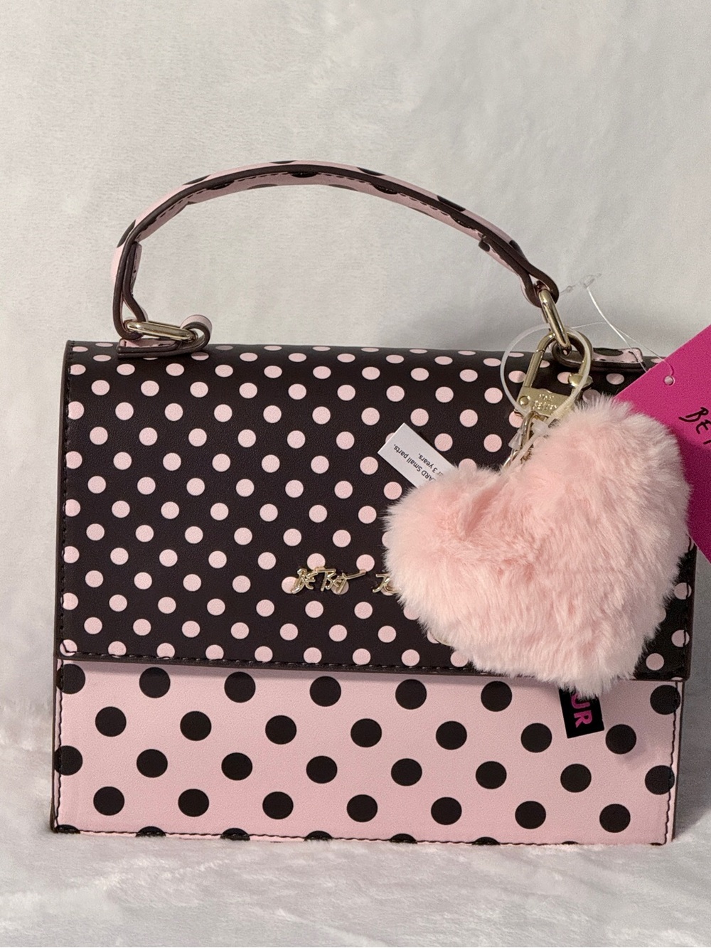 Betsey Johnson Pink and Brown Polka Dot Top-Handle Satchel with Heart Pom